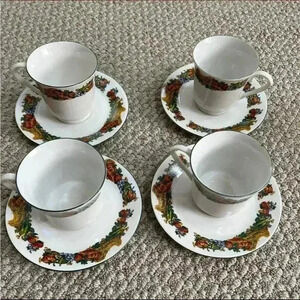 Domestications | Thanksgiving Set of 4 Cup and Saucer | Fall Cornucopia Theme